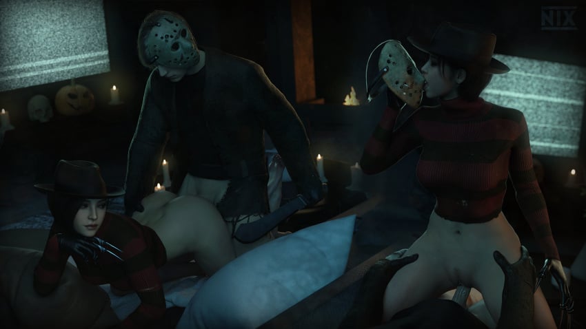 1boy 1girls 3d a_nightmare_on_elm_street ada_wong ass belly belly_button bottomless butt_crack butt_grab cosplay costume cowgirl_position dirty_clothing doggy_style female freddy_krueger_(cosplay) freddy_vs_jason friday_the_13th halloween halloween_costume halloween_decoration halloween_theme jason_voorhees_(cosplay) leon_scott_kennedy licking male mask nixee3d pussy pussy_juice resident_evil resident_evil_4 resident_evil_4_remake ripped_clothing tongue tongue_out vaginal_penetration vaginal_sex wet_pussy