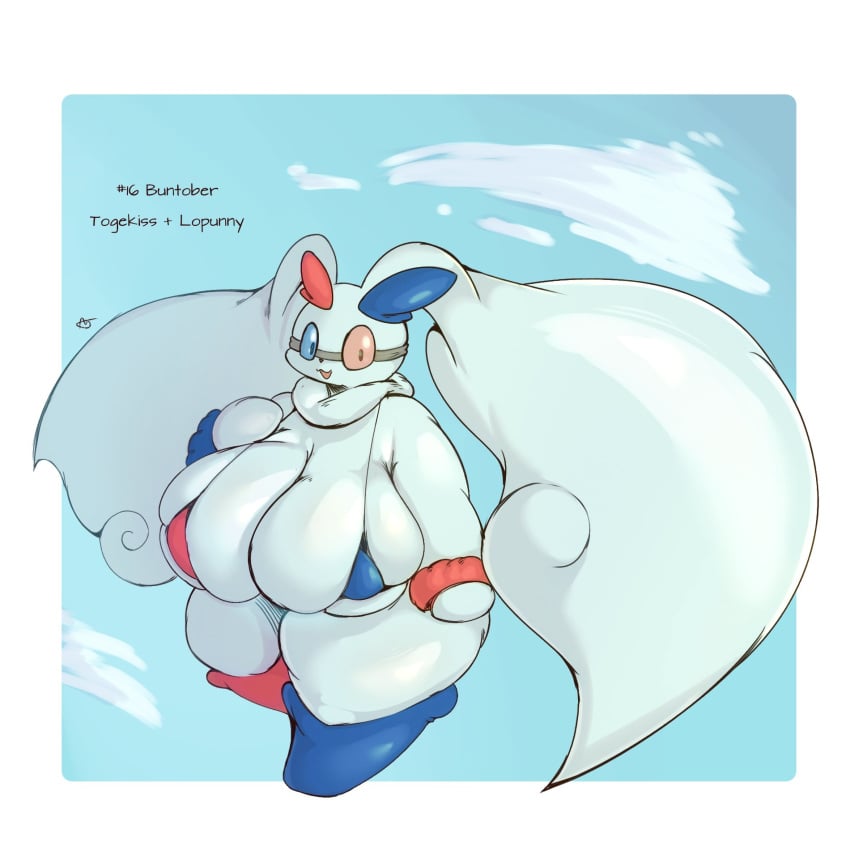 anthro big_breasts blue_body blue_eyes blue_fur breasts brown_eyes clothing cloud female fire fur generation_4_pokemon hi_res huge_breasts hybrid hybrid_pokemon long_ears lopunny nintendo pokemon pokemon_(species) sky solo stevest58244496 thick_thighs tight_clothing tight_fit tight_topwear togekiss topwear white_body white_fur