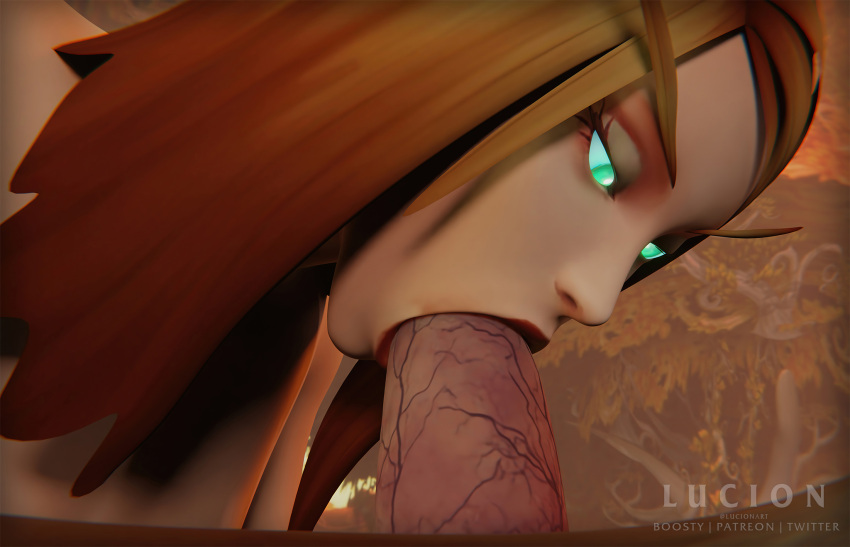 3d 3d_(artwork) blizzard_entertainment blood_elf blowjob brown_fur brown_hair fangs feline female feral feral_on_female forest forest_background green_eyes knot lucionart lynx male sucking sucking_penis warcraft world_of_warcraft zoophilia