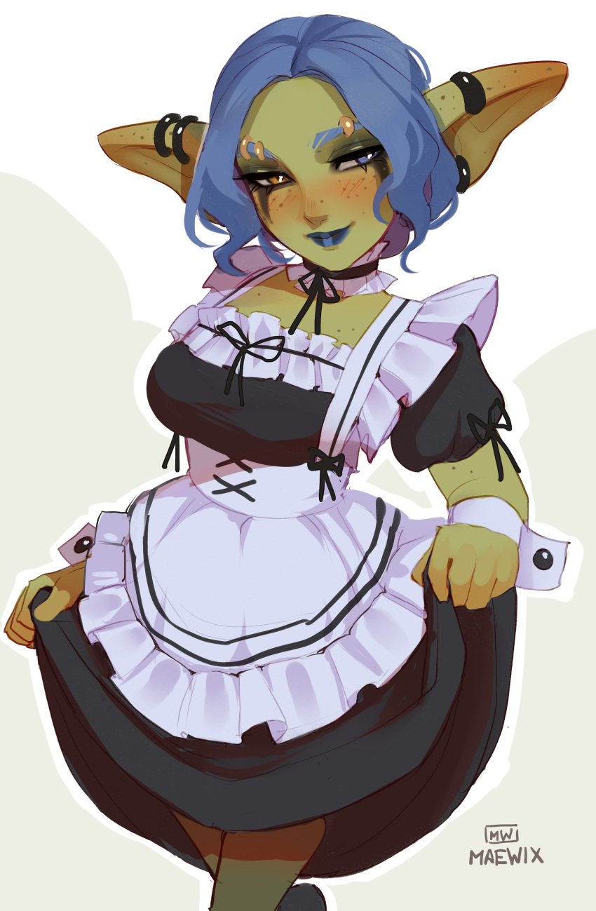 1girls absurd_res blue_eyes blue_hair blue_lipstick blush earrings eyebrow_ring female female_only freckles goblin goblin_female gobtober gobtober_2023 green_skin heterochromia looking_at_viewer maewix1 maid maid_uniform narrowed_eyes orange_eyes pointy_ears smiling smiling_at_viewer solo wrist_cuffs