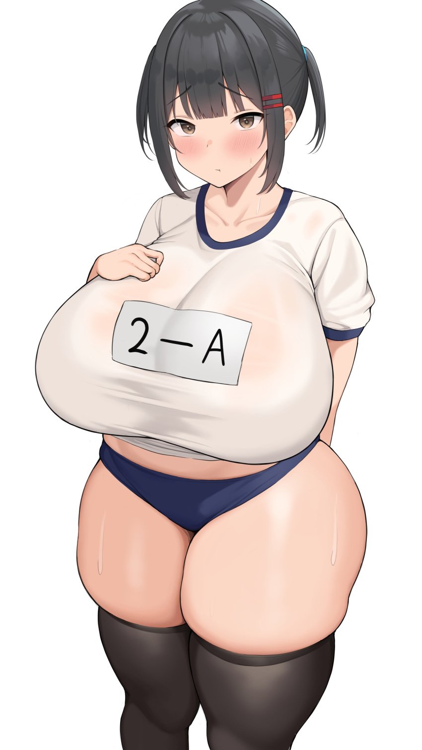 1girls black_hair bloomers breasts buruma chubby embarrassed female gym_clothes gym_uniform hips huge_breasts large_breasts light-skinned_female light_skin neneneji original original_character see-through see-through_clothing shirt short_hair sportswear sweat thick_thighs voluptuous white_background white_shirt wide_hips