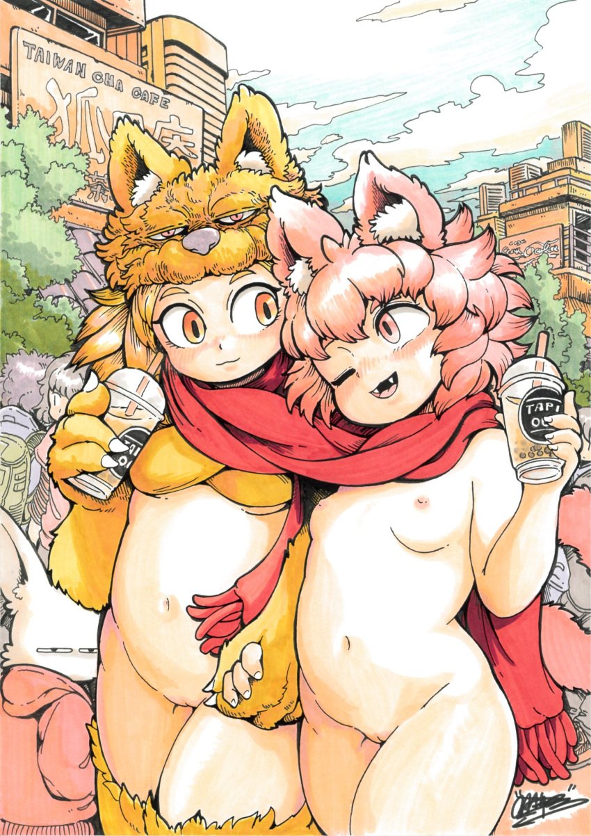 1boy 2girls :3 animal_ear_fluff animal_feet animal_hands artist_self-insert blonde_hair blush bottomless bra breasts bubble_tea casual_nudity cloud commentary_request commission cowboy_shot cup day fangs fox_girl fox_hat furry furry_male glaring highres holding holding_cup hood hood_down hoodie looking_at_another looking_to_the_side loveremi loveremi_razoku medium_bangs moonlight_flower multiple_girls navel nipples one_eye_closed open_mouth oratnir original outdoors pink_eyes pink_hair public public_indecency public_nudity pussy ragnarok_online red_hoodie red_scarf scarf second-party_source shared_clothes shared_scarf short_hair small_breasts smile traditional_media tree uncensored underwear yellow_bra yellow_fur yuri