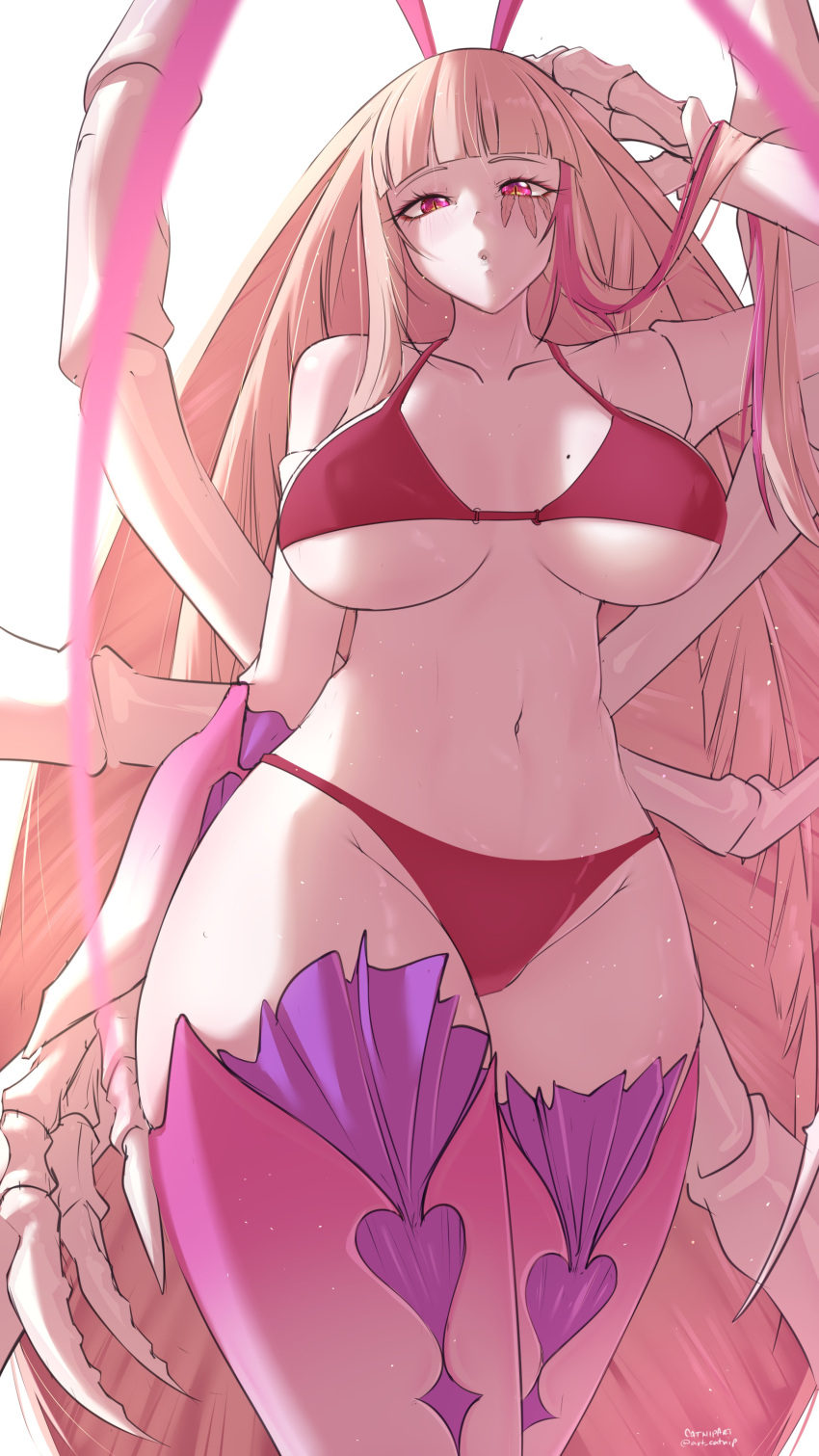 antennae big_breasts bikini bug_arms bug_girl catnipart cockroach_girl cockroach_humanoid hair_streak high_resolution highres large_breasts long_hair looking_at_viewer mark_under_eye matara_kan mole_on_breast multi_arm multi_limb pale_skin pursed_lips red_bikini red_eyes solo solo_female tattoo_under_eye thick thick_thighs thighhighs tummy very_long_hair virtual_youtuber vshojo wide_hips