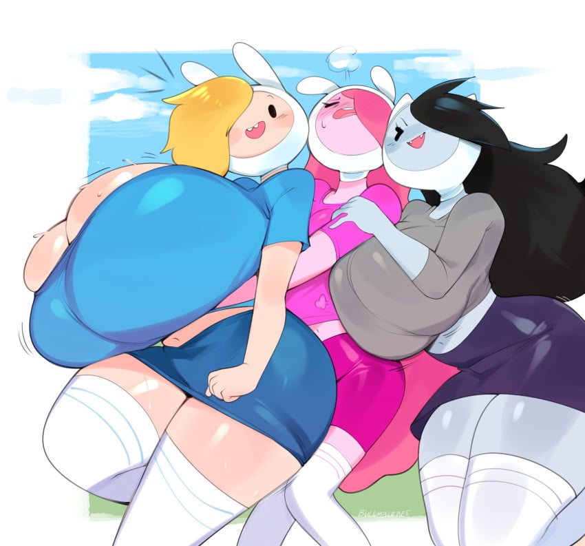 1futa 2girls adventure_time big_breasts black_hair blonde_hair breasts_bigger_than_head bulumble-bee bunny_ears cleavage female female_only fionna_the_human_girl fionna_the_human_girl_(cosplay) gigantic_breasts grey_body grey_skin huge_breasts large_breasts light-skinned_female light_skin long_hair looking_at_viewer marceline pink_body pink_hair pink_skin princess_bubblegum skirt smaller_futanari thick_thighs thighhighs thighs wide_hips