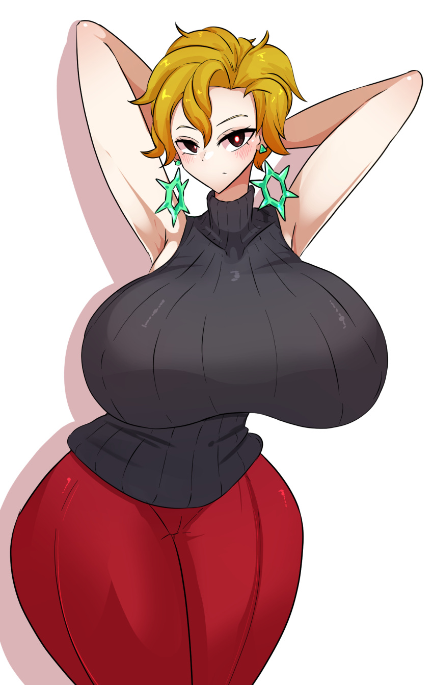 1girls alternate_breast_size arms_behind_head big_breasts blonde_hair breasts briar_(pokemon) busty curvaceous curvy curvy_body curvy_female curvy_figure earrings female game_freak hands_behind_head huge_breasts large_breasts nintendo pokemon pokemon_(game) pokemon_sv short_hair skeletons62 thick_thighs thighs voluptuous white_background