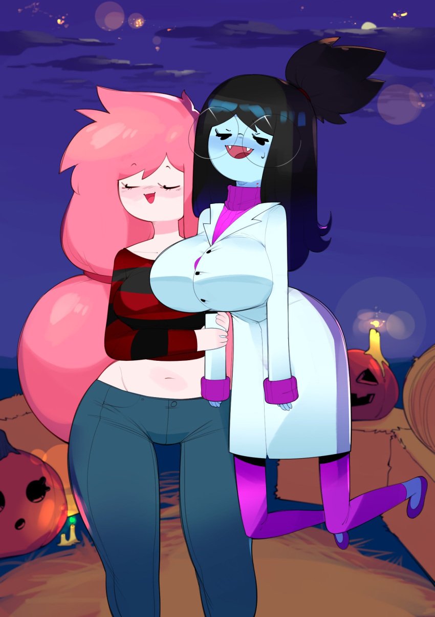 2girls adventure_time big_breasts black_hair bulumble-bee clothing_swap female female_only glasses halloween halloween_costume lab_coat labcoat marceline navel outfit_swap pink_body pink_hair pink_skin princess_bubblegum vampire vampire_girl wide_hips yuri