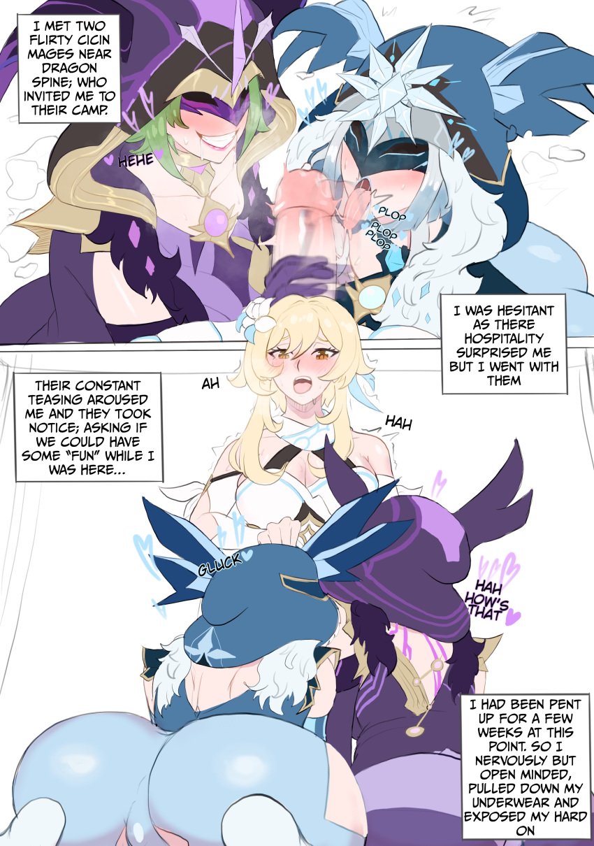 1futa 2girls ass assisted_fellatio big_ass big_penis blonde_hair blowjob breasts cicin_mage_(genshin_impact) clothed clothed_sex clothing collaborative_fellatio comic cryo_cicin_mage_(genshin_impact) dialogue dickgirl double_blowjob electro_cicin_mage_(genshin_impact) enemies english_text erection fatui fellatio female fully_clothed futa_on_female futa_with_female futanari genshin_impact hiddenfuchsia hoodie hoyoverse human imminent_fellatio imminent_oral imminent_sex implied_fellatio implied_oral inviting inviting_to_sex large_ass light-skinned_female light-skinned_futanari light_skin long_hair lumine_(genshin_impact) mask mihoyo mostly_clothed multiple_girls ongoing oral oral_sex penis penis_lick pent_up playful redfushsia series standing teamwork text threesome tongue tongue_out