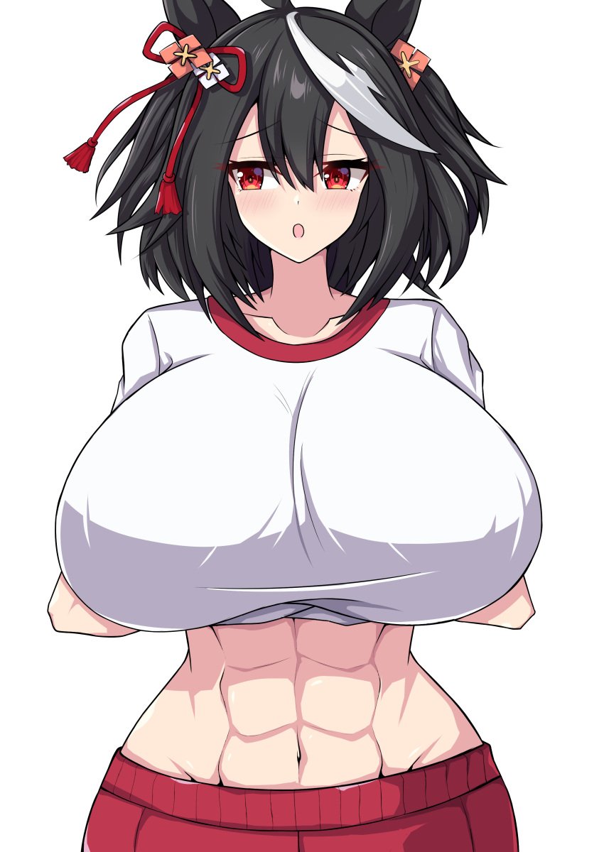 1girls abs ahoge black_hair collarbone eyebrows_visible_through_hair female front_view gym_uniform hair_ornament horse_ears huge_breasts kitasan_black_(umamusume) light-skinned_female light_skin light_xion looking_away medium_hair open_mouth pants red_eyes shirt shirt_lift simple_background solo standing straight_hair talking_to_viewer umamusume umamusume_pretty_derby white_background