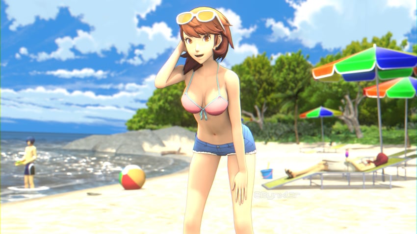 2023 3d_(artwork) atlus beach beach_ball big_breasts bikini bikini_top blue_hair breasts brown_eyes brown_hair bucket clouds looking_at_viewer makoto_yuki mitsuru_kirijo persona persona_3 persona_3_fes persona_3_portable pose red_hair rynxler sand sea shorts sky smiling sunglasses sunglasses_on_head swimsuit tree video_game_character video_game_franchise watermark yukari_takeba