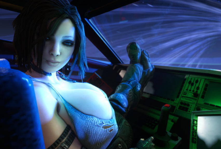 1girls 3d 3d_(artwork) alternate_breast_size brown_hair bulletstorm cleavage clothed clothed_female cockpit electronic_arts epic_games female female_only female_solo fingerless_gloves gigantic_breasts gloves hair_over_one_eye hourglass_figure huge_breasts human human_female human_only looking_at_viewer people_can_fly shoes small_waist solo solo_female thin_waist trishka_novak vaako wasp_waist wide_hips