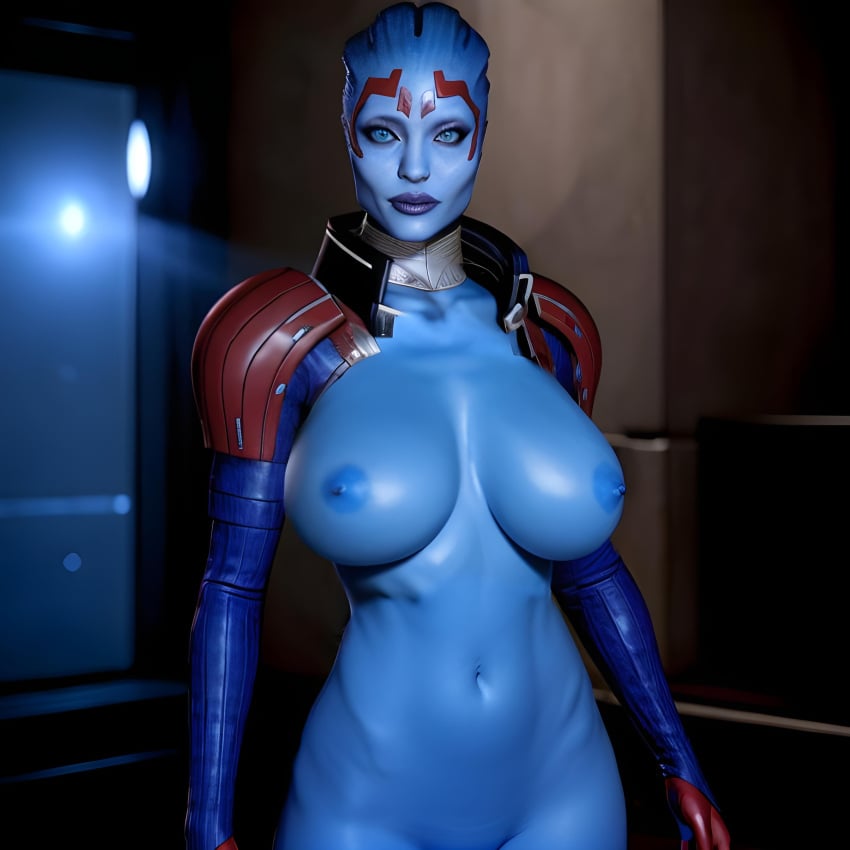 ai_generated alien_female alien_girl angelina_jolie big_breasts blue_body blue_skin breasts_bigger_than_head huge_breasts mass_effect samara weirdguy564