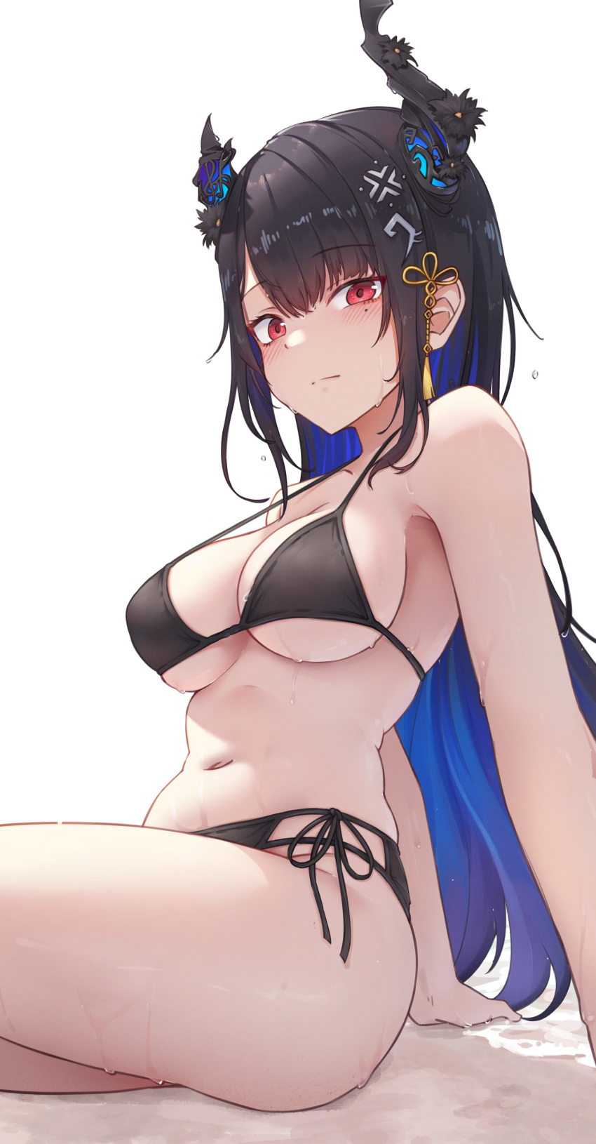 1girls bikini black_hair blue_hair blush breasts cleavage hi_res hololive hololive_english hololive_english_-advent- horn long_hair nerissa_ravencroft red_eyes shironekokfp sitting solo sweat swimsuit thighs two_tone_hair underboob virtual_youtuber