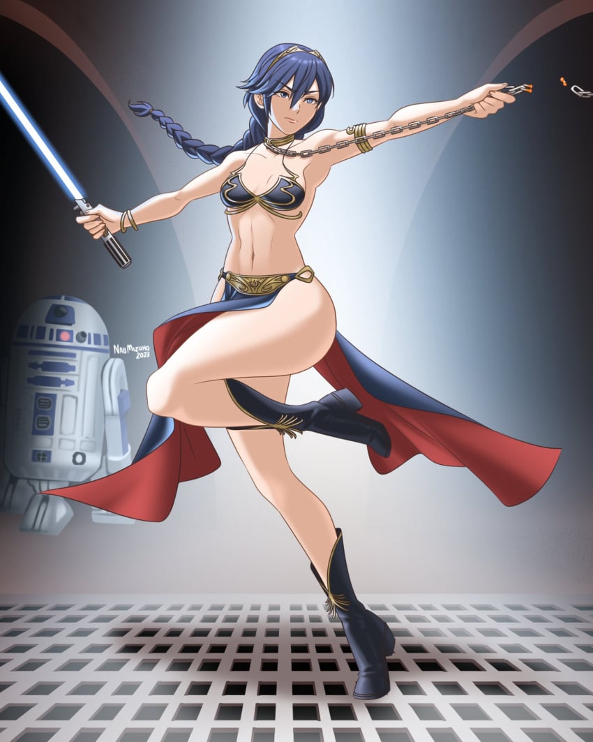 1girls alternate_hairstyle blue_eyes blue_hair bondage braid braided_ponytail breasts chain_leash chains collar crossover dancer dancing droid female femsub fire_emblem fire_emblem_awakening leash lightsaber lucina_(fire_emblem) naijmizuho nintendo ponytail princess_leia_organa_(cosplay) r2-d2 slave slave_collar slave_leia_(cosplay) slave_outfit small_breasts star_wars symbol-shaped_pupils thick_thighs thighs