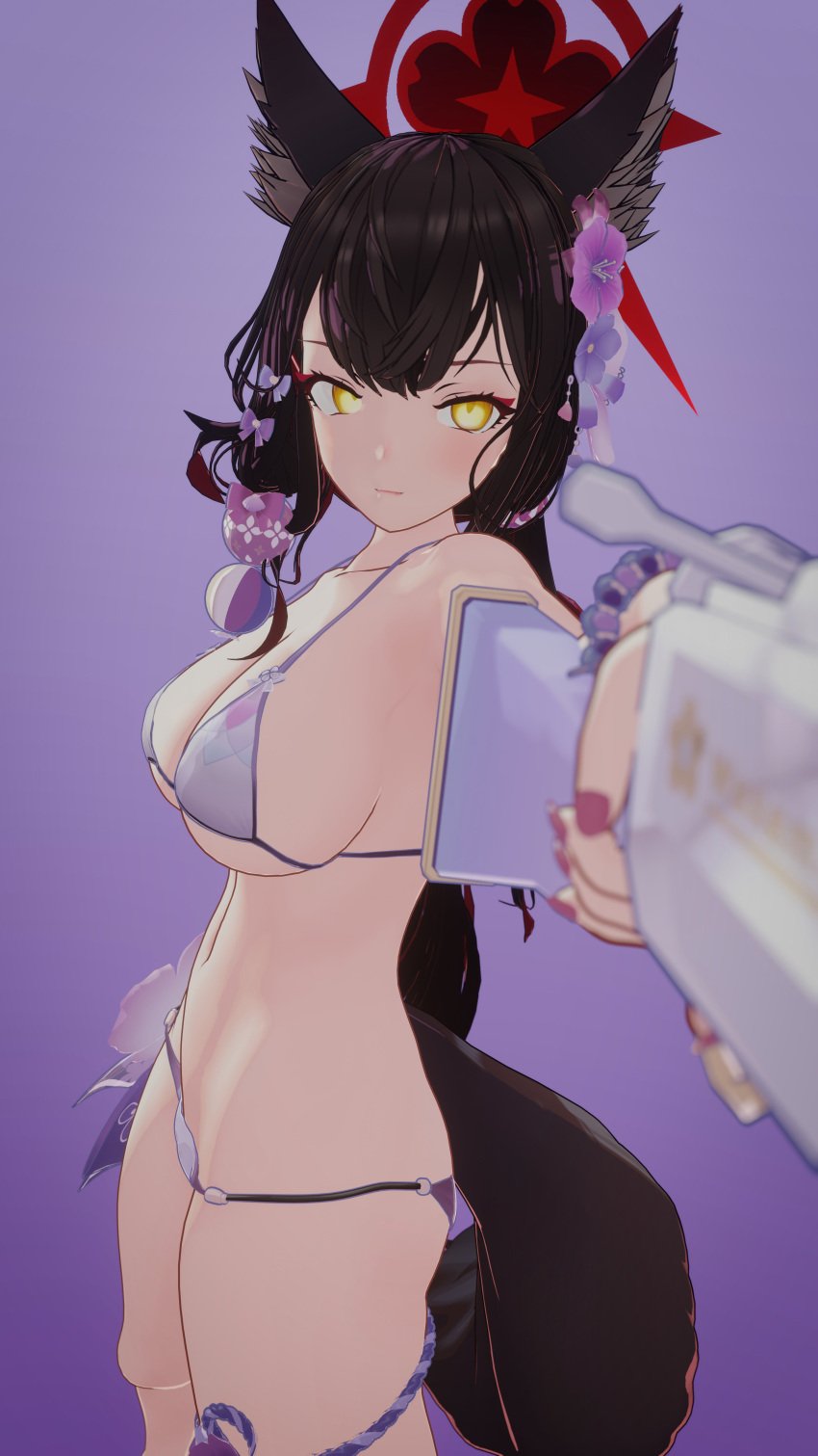 1girls 3d allied_hyakkiyako_academy_student animal_ears animal_tail black_hair blue_archive butt croove female fox_girl gun large_breasts light-skinned_female painted_nails pinup pointing_gun pointing_gun_at_viewer purple_background purple_clothing purple_nails purple_swimsuit seven_prisoners_(blue_archive) swimsuit tagme thin_waist tummy wakamo_(blue_archive) wakamo_(swimsuit)_(blue_archive) wide_hips yellow_eyes