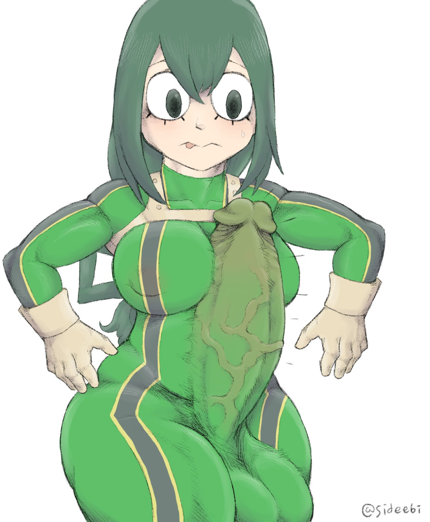 1futa 2020 balls big_balls big_breasts big_penis bodysuit breasts clothed clothing erect_nipples_under_clothes erection fully_clothed futa_only futanari hero_outfit_(mha) huge_balls huge_cock human light-skinned_futanari light_skin my_hero_academia penis sideebi simple_background skin_tight skin_tight_outfit skin_tight_suit solo text tsuyu_asui veiny_penis watermark