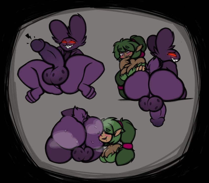 1boy1girl anthro ass_sniffing big_ass big_butt big_penis bunny corruption_(terraria) dryad dryad_(terraria) evil_grin evil_smile purple_body rabbit rabbit_boy rabbit_humanoid rabbit_tail red_eyes sniffing steam terraria thfooxxir