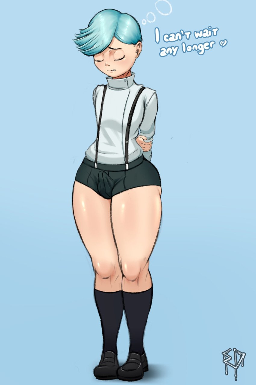 1boy big_thighs blush clothed clothed_male clothing eljodraw english_text erect_penis erection erection_under_clothes femboy getting_erect getting_horny girly horny horny_male huge_thighs jujutsu_kaisen large_thighs male thick_thighs thighs trap ui_ui_(jujutsu_kaisen)