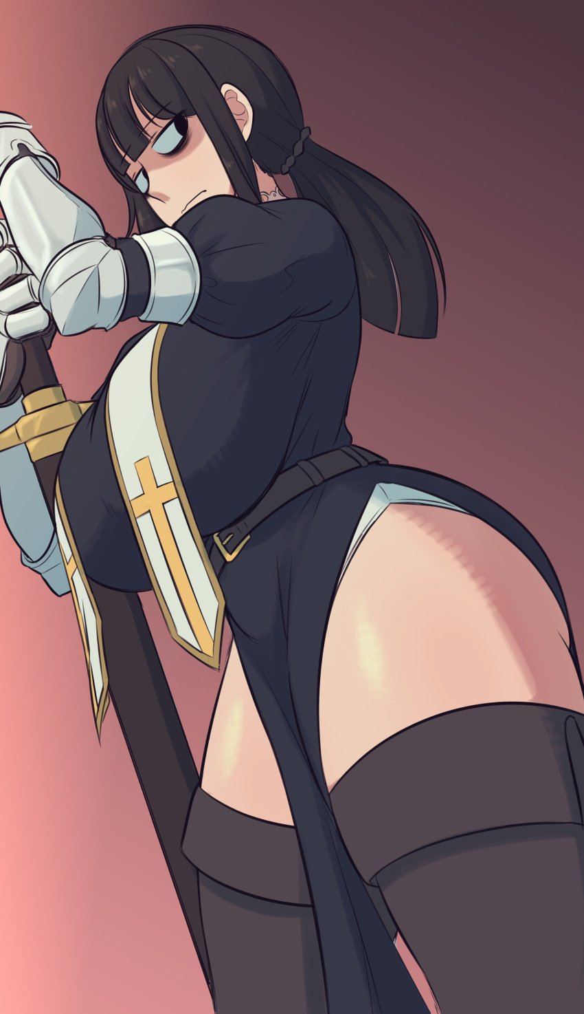 big_breasts black_hair breasts clothed clothed_female female female_only gauntlets light-skinned_female light_skin littlej_(zi19191) looking_back neutral_expression solo solo_female solo_focus thick_thighs thighs tired tired_eyes