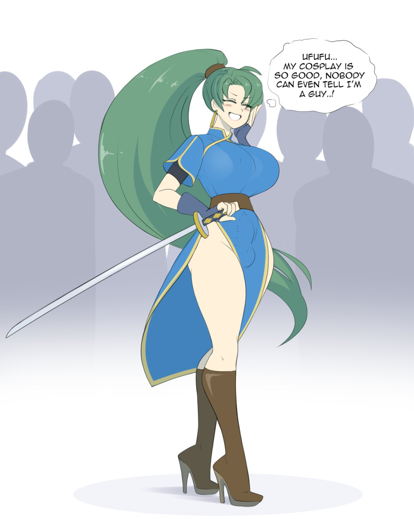 1boy breasts bulge bulge_through_clothing cosplay crossdressing crossplay english_text fake_breasts femboy femboy_focus fingerless_gloves fire_emblem fire_emblem:_the_blazing_blade girly green_hair high_heel_boots high_heels in_public large_breasts long_hair lyn_(fire_emblem) lyn_(fire_emblem)_(cosplay) narrow_waist nintendo ponytail public sealguy stiletto_heels sword text thighs thought_bubble very_high_heels