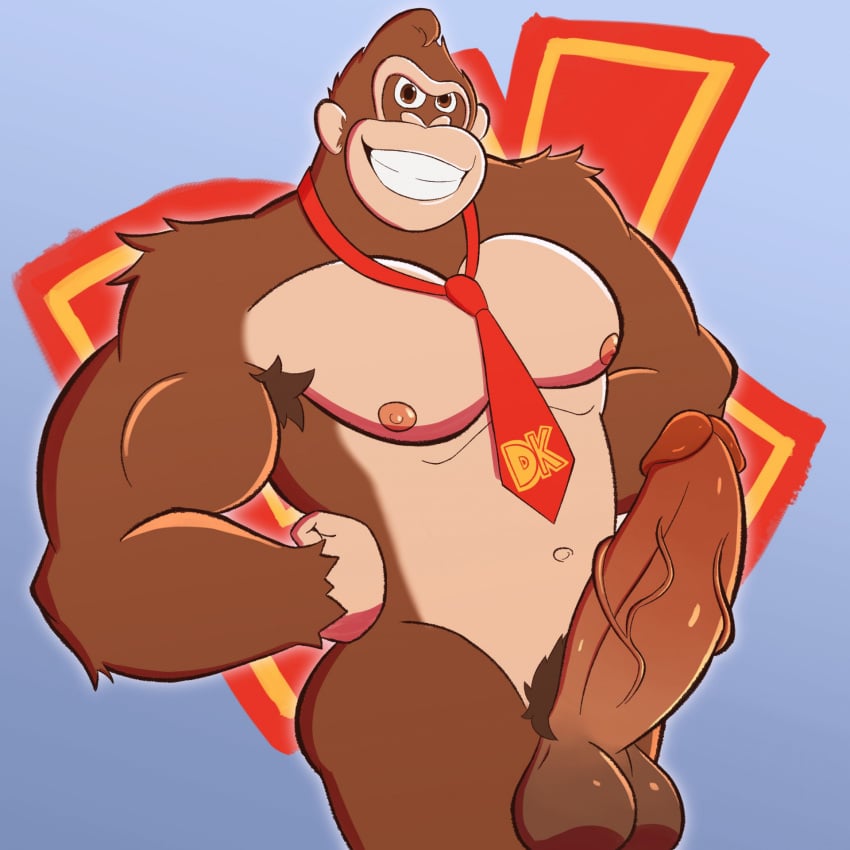 2023 anthro ape armpit_hair balls bared_teeth blue_background body_hair brown_balls brown_body brown_fur brown_hair brown_nipples brown_penis brown_pubes countershade_torso countershading donkey_kong donkey_kong_(series) erection fist fur genitals gorilla hair half-length_portrait haplorhine hi_res looking_at_viewer male male_only mammal mostly_nude multicolored_body multicolored_fur muscular muscular_anthro muscular_male navel necktie necktie_only nintendo nipples nude pale_skin pecs penis portrait primate pubes red_necktie short_hair simple_background smile smiling_at_viewer solo teeth_showing two_tone_body two_tone_fur v-mhol vein veiny_penis