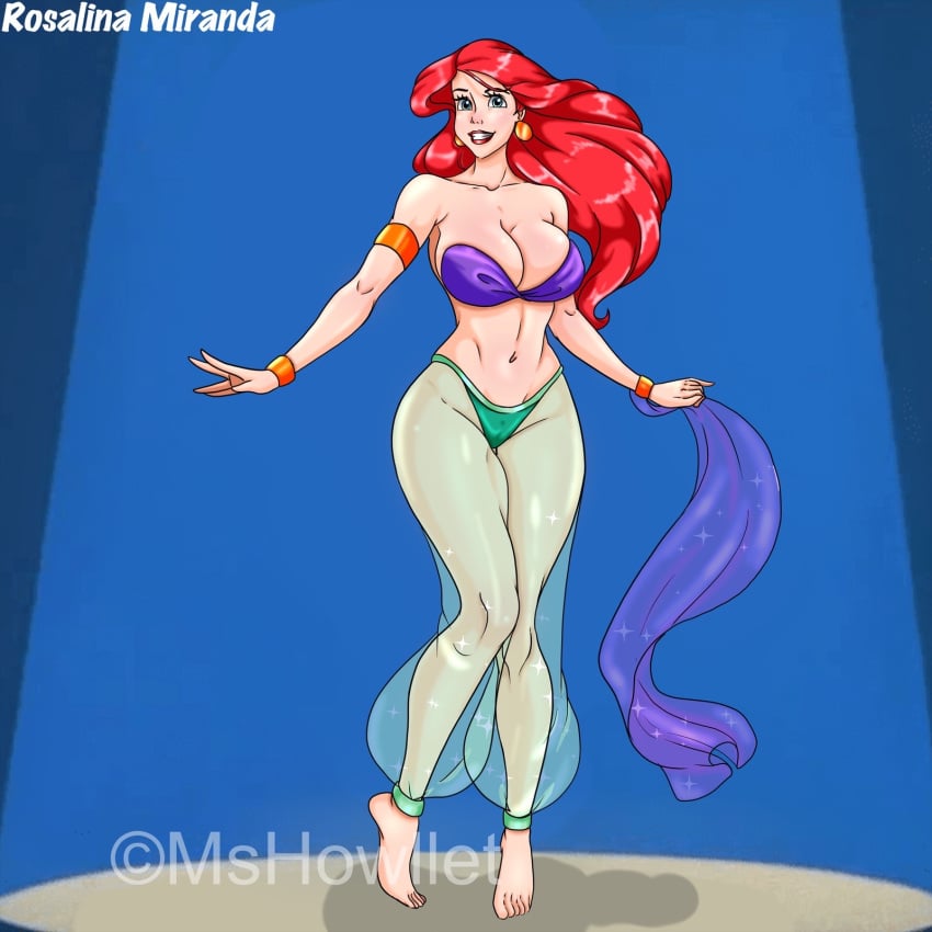 1girls ariel ariel_(the_little_mermaid) barefoot belly_dancer belly_dancer_outfit blue_eyes cleavage disney disney_princess harem_girl harem_outfit harem_pants huge_breasts long_hair mshowllet red_hair royalty the_little_mermaid the_little_mermaid_(1989_film)