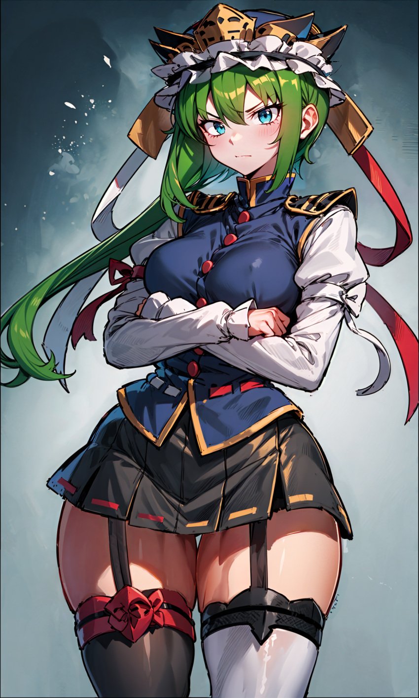 1girls 2d ai_generated annoyed annoyed_expression black_skirt black_thighhighs blue_eyes blue_vest blush breasts crossed_arms curvaceous eiki_shiki female female_focus garter_straps green_hair hat hips hourglass_figure long_sleeves looking_at_viewer medium_breasts mole_under_eye multicolored_thighhighs nipple_bulge shiny_clothes shiny_skin shirt short_hair short_hair_with_long_locks short_skirt skirt smakiel solo source standing thick_hips thick_thighs thighhighs thighs touhou vest visible_ear visible_ears white_shirt white_thighhighs