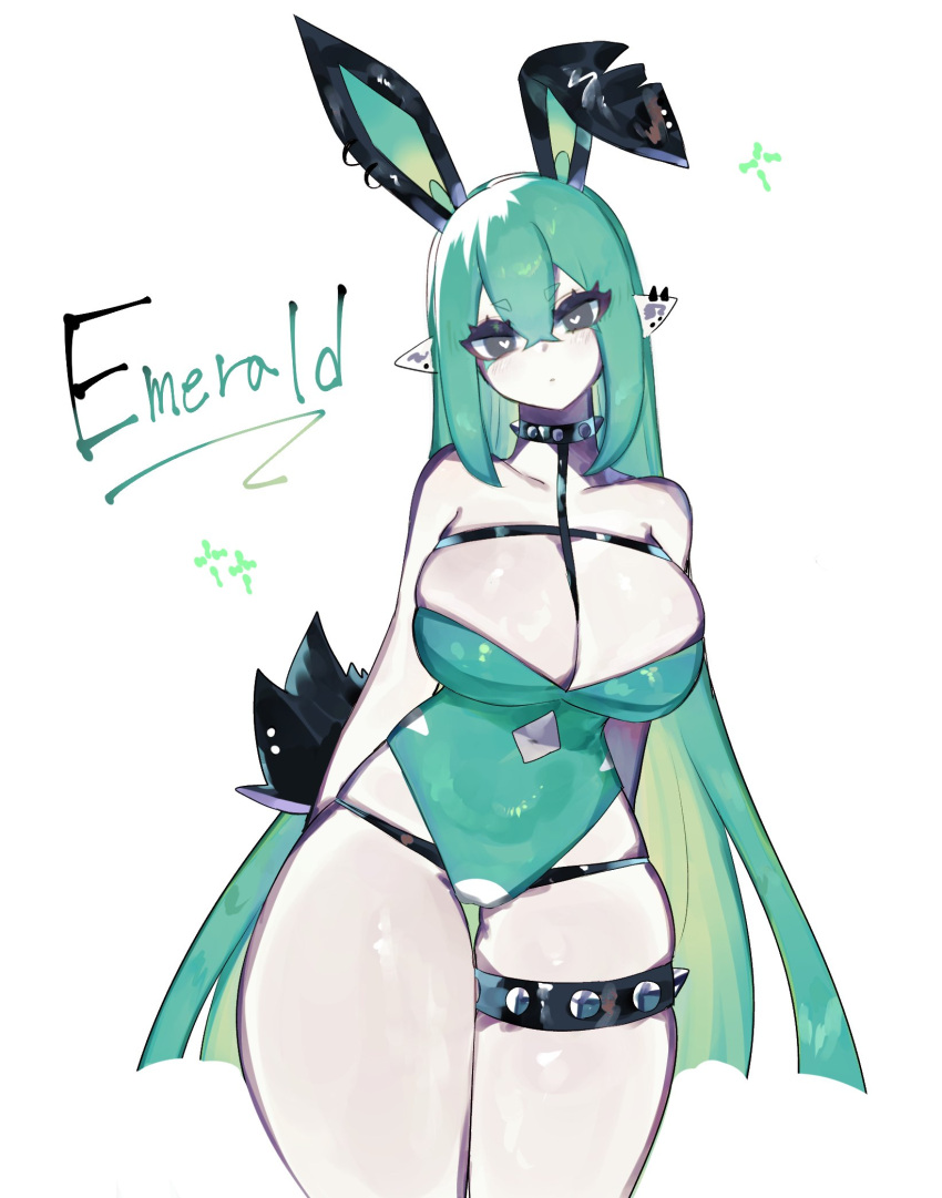 1girls big_breasts big_thighs black_eyes black_thong blush breasts bunny_ears bunnysuit cleavage clothing ear_piercing ears emerald_(togetoge) fake_animal_ears female female_only green_clothing green_hair hair_between_eyes heart-shaped_pupils heart_eyes hips humanized large_breasts large_thighs leotard long_ears long_hair navel original original_character pointy_ears simple_background solo solo_female spiked_collar spiked_thighband thick_thighs thigh_gap thigh_strap thighs thong toge77789 togetoge white_background wide_hips