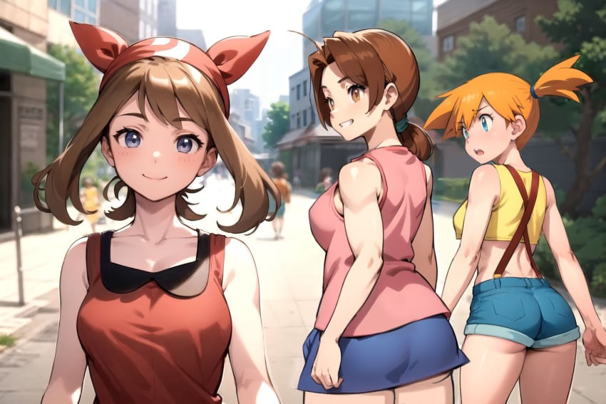 3girls ai_generated ass bulge day delia_ketchum_(pokemon) denim_shorts distracted distracted_boyfriend edited female_only futanari henjay holding_hands imminent_sex kasumi_(pokemon) may_(pokemon) meme microskirt milf minishorts miniskirt outdoors photoshop pokemon side_ponytail smile soft stable_diffusion stockholm_syndrome street