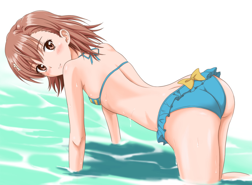 1girls 2020s 2023 all_fours ass bikini blue_bikini breasts brown_eyes brown_hair female flat_chest frilled_bikini frills from_side hi_res looking_at_viewer looking_back matching_hair/eyes misaka_mikoto mismatched_bikini mutsuki_kurumi official_alternate_costume short_hair simple_background small_breasts solo swimsuit teenage_girl teenager to_aru_kagaku_no_railgun to_aru_majutsu_no_index water wet white_background young