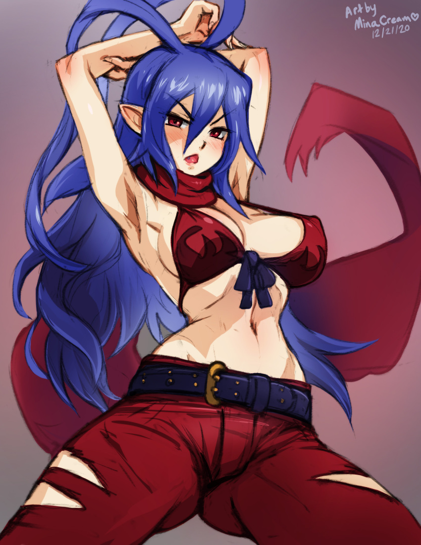 1girls bikini bikini_top blue_hair breasts canon_genderswap disgaea disgaea_d2 genderswap_(mtf) hands_above_head laharl laharl-chan large_breasts long_hair minacream nipple_bulge nippon_ichi_software scarf torn_clothes