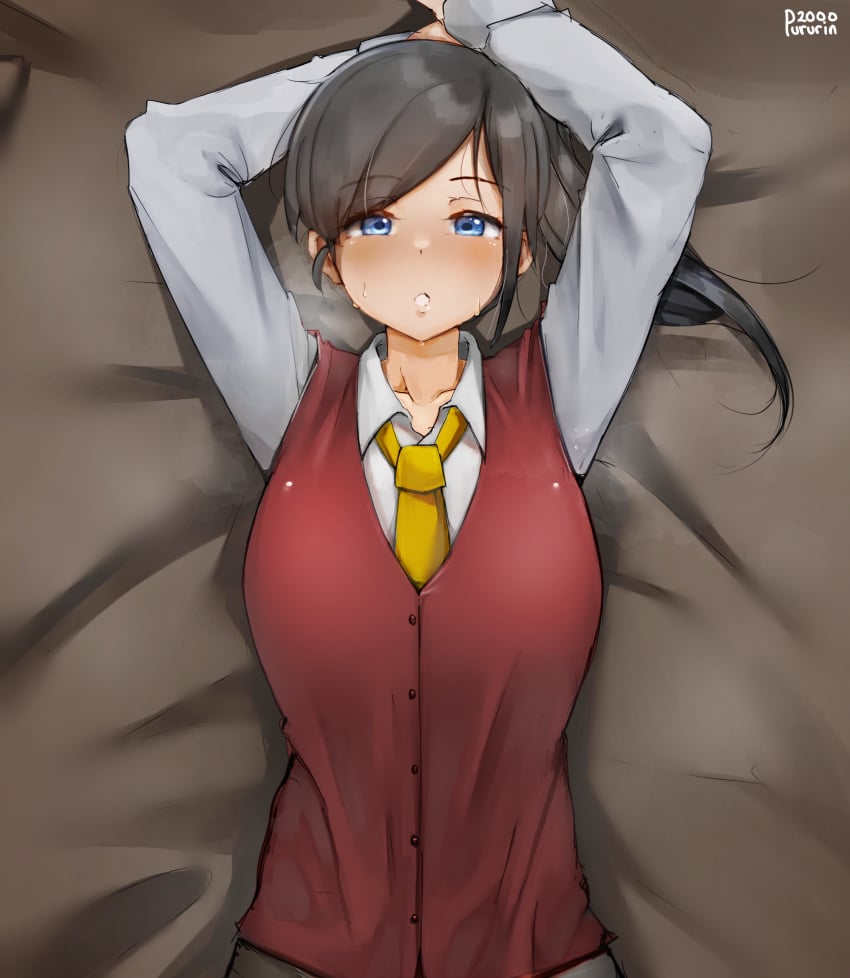 black_hair blue_eyes katana_zero on_back on_bed pururin2000 receptionist_(katana_zero) sweat sweatdrop sweating yellow_tie