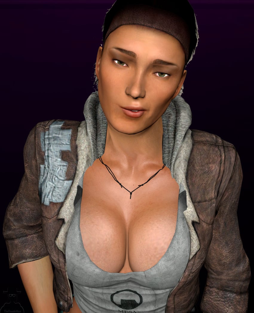 1girls 3d alternate_breast_size alyx_vance bedroom_eyes big_breasts breasts cleavage clothed clothed_female fake_breasts fakefactory female female_only half-life half-life_(series) half-life_2 headband huge_breasts human human_female human_only implants jacket looking_at_viewer necklace solo solo_female source_filmmaker tank_top theduudeman upper_body valve_(company)