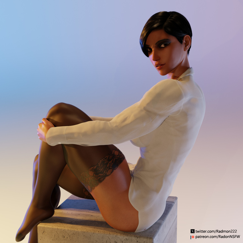 1girls 3d athletic_female blender blender_(software) dark-skinned_female dark_hair dark_skin fit_female hi_res highres muscular_arms muscular_thighs office_lady overwatch overwatch_2 pharah pinup radmon222 self_upload short_hair sideboob simple_background solo solo_female stockings tattoo thick_thighs thighhighs white_shirt