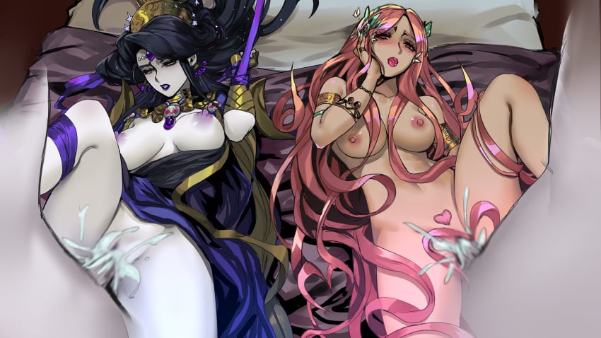 2boys 2girls aphrodite_(hades) big_breasts black_hair blush censored cum cum_in_pussy cum_inside divine_slut goddess hades_(game) nude nyx_(hades) pd pink_hair restrained sex vaginal_penetration vaginal_sex