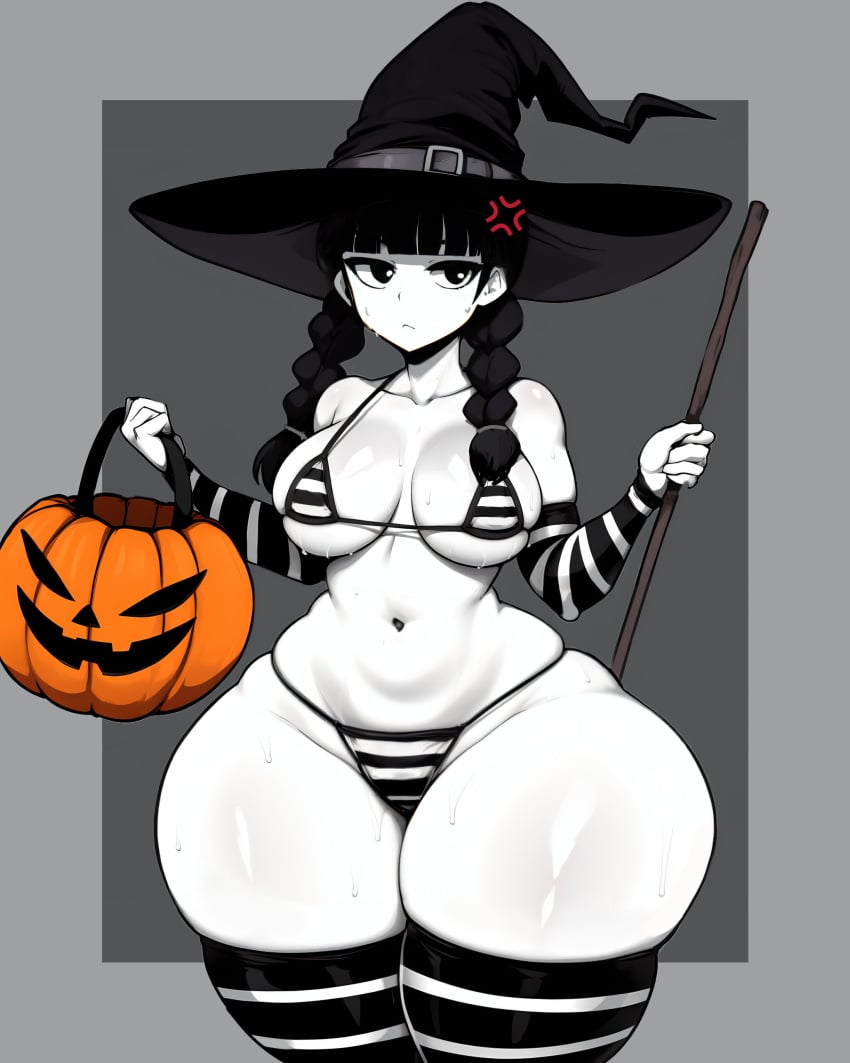 1girls anger_vein big_breasts black_hair halloween hyper_thighs looking_at_viewer massive_thighs monkechrome monochrome_ai pale-skinned_female pale_skin striped_bikini striped_legwear the_addams_family thunder_thighs twintails wednesday_addams wide_hips witch_hat