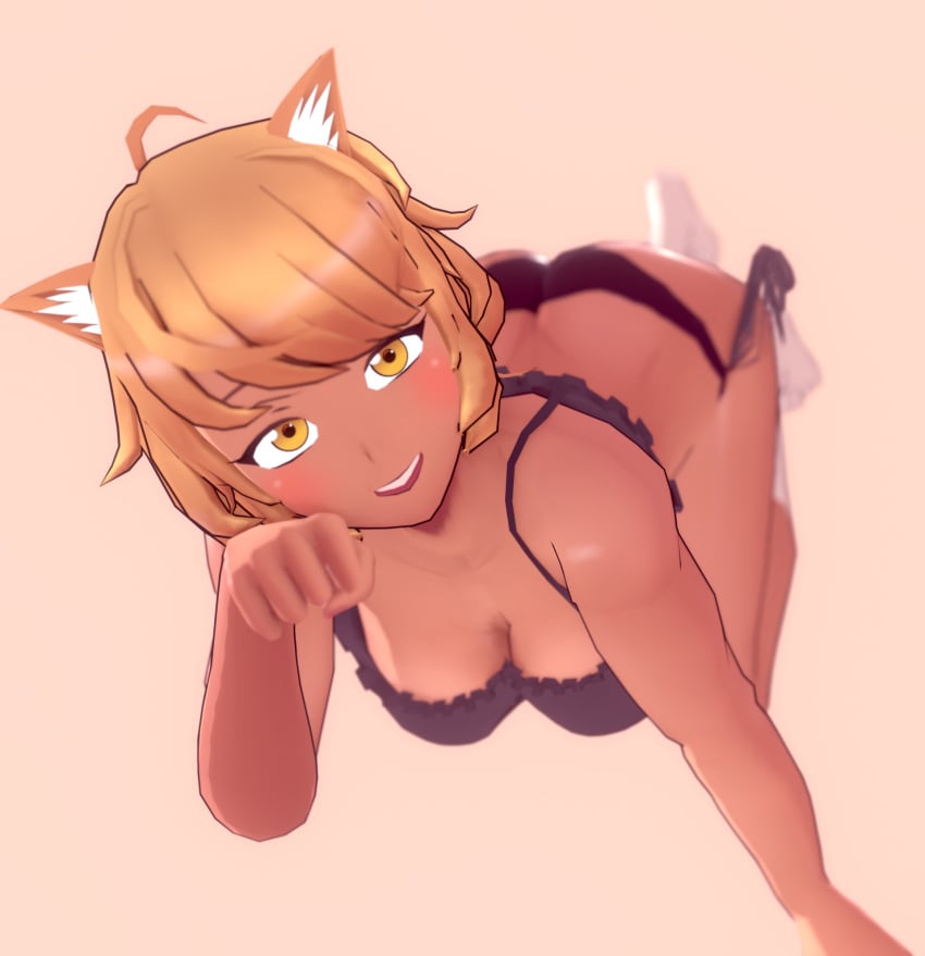 ass blonde_hair blurry_background blush breasts cat_ears cat_keyhole_bra cat_keyhole_lingerie cat_pose catgirl cleavage crovoic ear_fluff looking_at_viewer neko open_mouth panties saiko_no_sutoka short_hair socks string_panties tan_skin yellow_eyes yui_ichikawa_(saiko_no_sutoka)