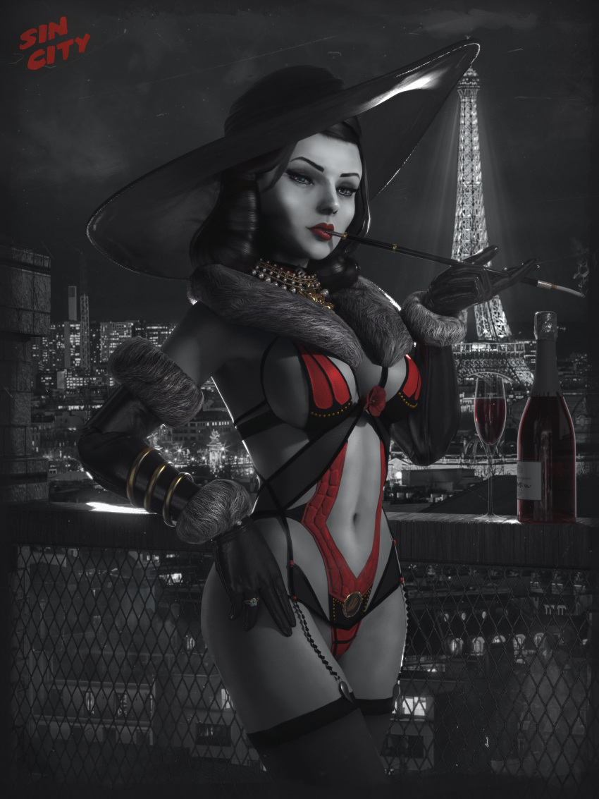 3d armlet athletic athletic_female big_breasts bioshock bioshock_infinite black_and_white black_hair blue_eyes bracelet breasts burial_at_sea busty cigarette cigarette_holder cleavage elbow_gloves elizabeth_comstock elizabeth_comstock_(burial_at_sea) eyeshadow female female_focus female_only fur fur_bracelet fur_collar garter_straps hat hourglass_figure leotard lipstick long_hair makeup monochrome navel necklace pinup pinup_pose sin_city skimpy skimpy_clothes stockings tagme themadarchitect wide_hips