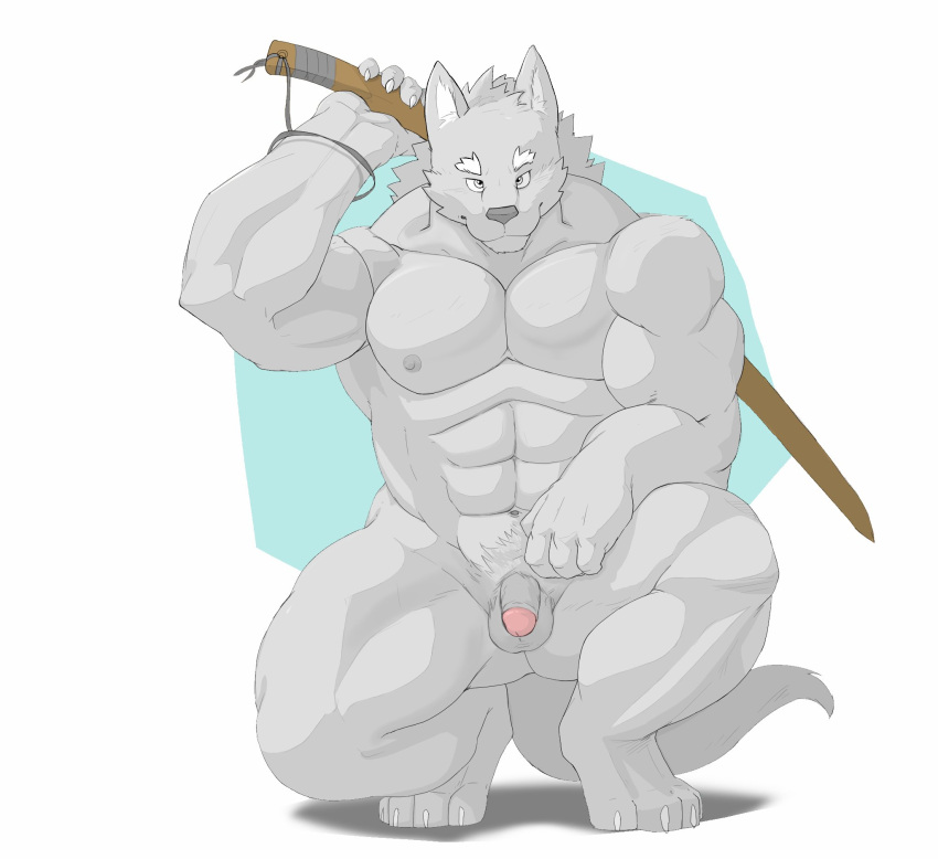 abs anthro balls canid canine canis casual_nudity feet fingers flaccid fur genitals hi_res humanoid_genitalia humanoid_hands humanoid_penis male mammal muscular muscular_anthro muscular_male navel nipples nude pecs penis ricecakekain simple_background solo tail wolf