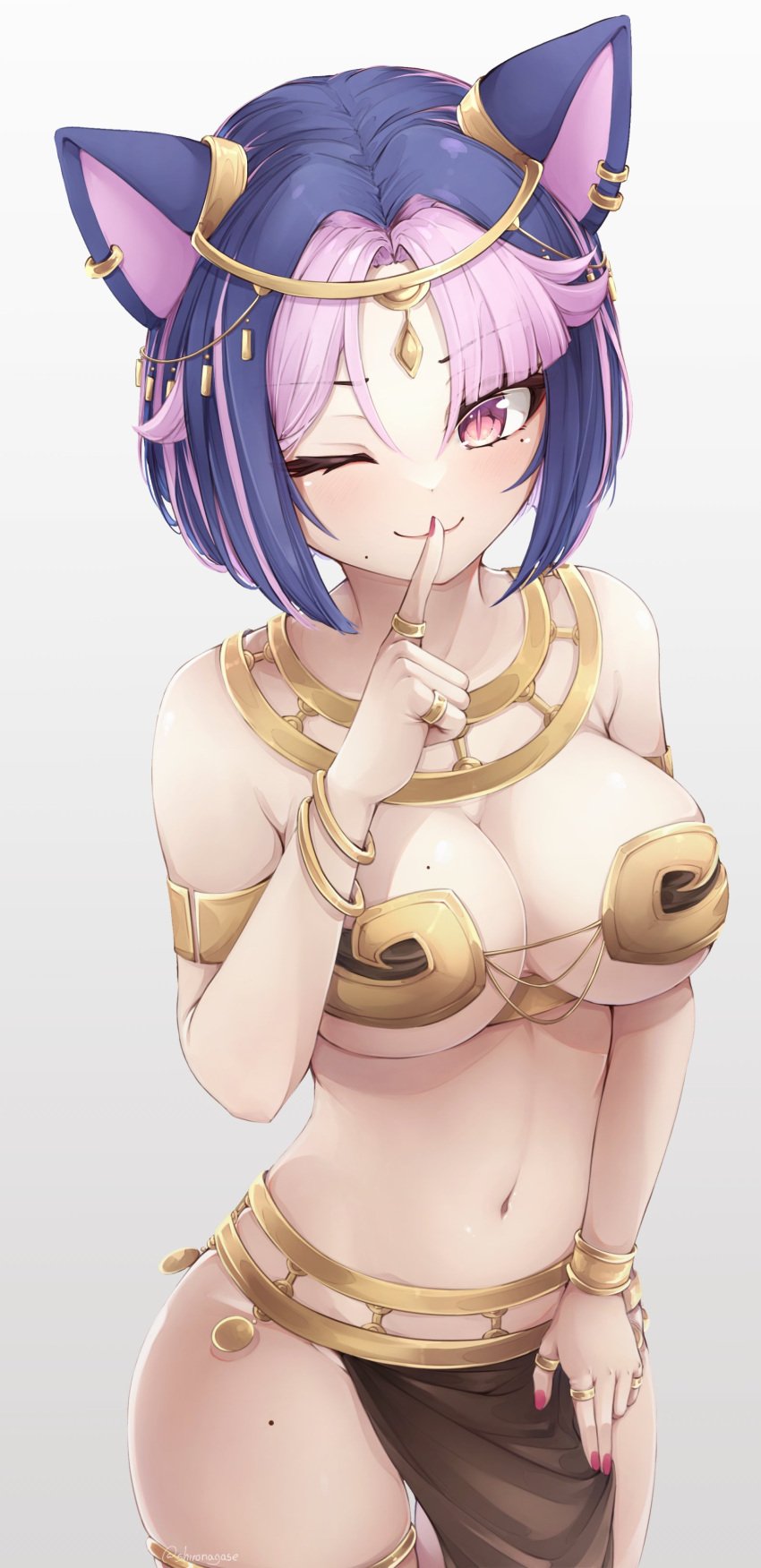 animal_ears belly_dancer belly_dancer_outfit big_breasts blue_hair cleavage egyptian egyptian_clothes harem_girl harem_outfit highres latam_virtual_youtuber looking_at_viewer metal_bikini mole mole_on_breast mole_under_eye one_eye_closed pink_eyes pink_hair shironagase short_hair shura_hiwa simple_background smiling_at_viewer two_tone_hair virtual_youtuber vjin voluptuous vtuber vtuberfanart