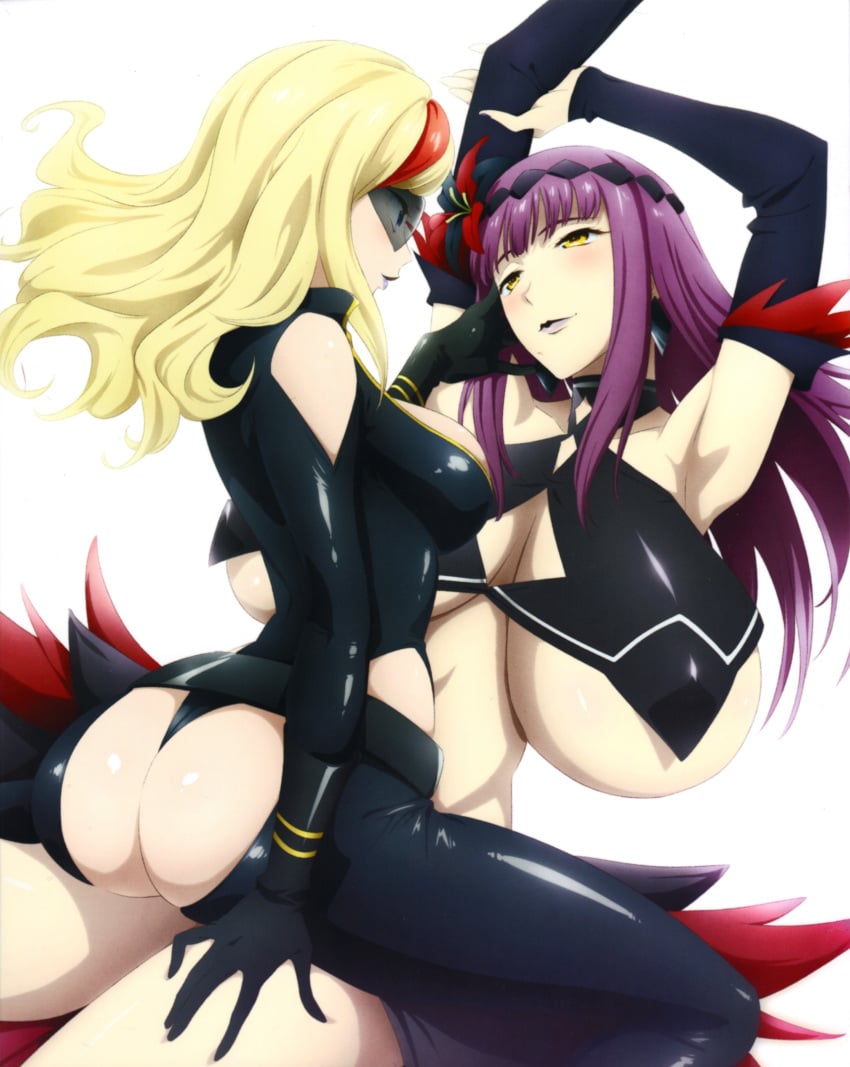 2015 2girls absurdres armpits arms_up ass blonde_hair blush breasts chaps circlet cleavage cowgirl_position detached_sleeves eye_contact female female_only flower hair_flower hair_ornament hasami_rein highres huge_breasts kaneko_hiraku lady_j leotard long_hair looking_at_another marvelous multiple_girls official_art purple_hair scan simple_background sitting sitting_on_person skirt sunglasses thong_leotard tinted_eyewear underboob valkyrie_drive valkyrie_drive_-mermaid- white_background wife_and_wife yuri