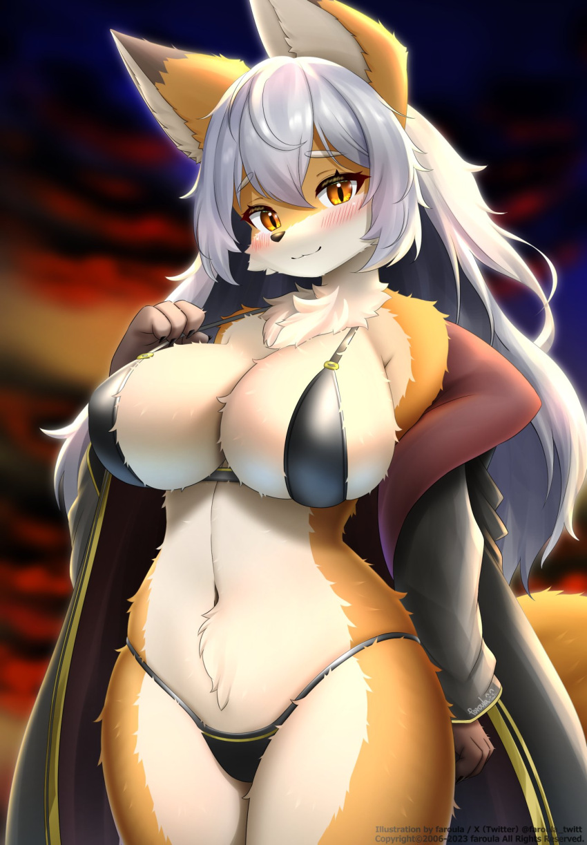 2023 absurd_res adorable anthro big_breasts bikini blep blush breasts canid canine cheek_tuft clothing cute cute_face digital_media_(artwork) facial_tuft faroula_twitt female female_anthro female_only fox free fur green_eyes hair hanging_breasts hi_res huge_breasts inner_ear_fluff kemono licking licking_lips long_hair looking_at_viewer low-angle_view mammal multicolored_body multicolored_fur naughty_face pupils sling_bikini slit_pupils solo solo_female swimwear tan_body tan_fur translated_description tuft two_tone_body two_tone_fur whiskers white_hair yellow_body yellow_fur