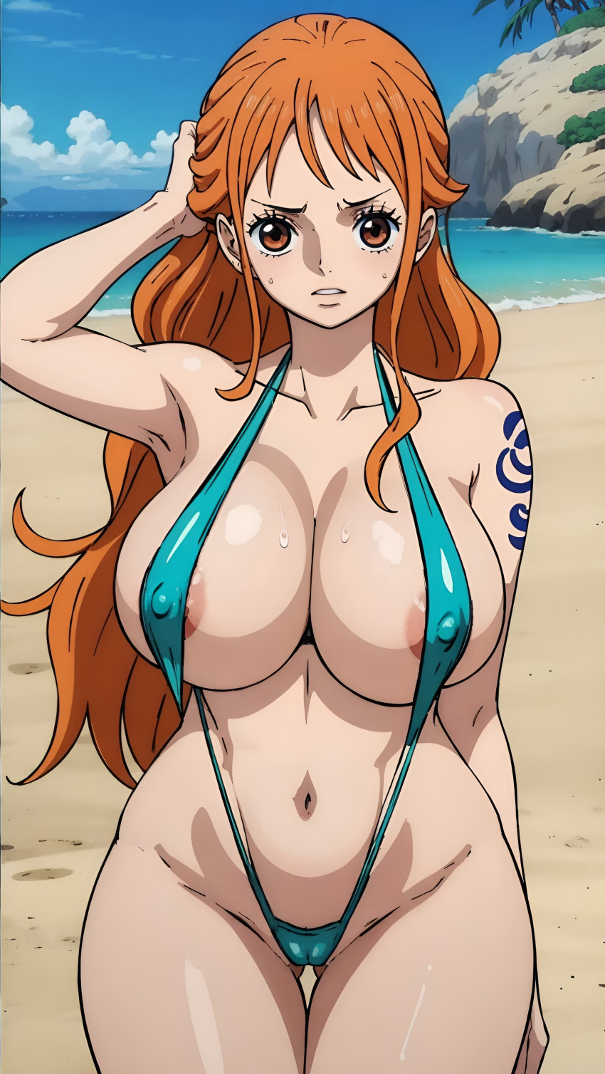 1girls ai_generated big_breasts breasts curvy female female_only jarentr large_breasts long_hair nami nami_(one_piece) nipple_piercing nipple_slip nipples one_piece perfect_body post-timeskip sling_bikini slingshot_swimsuit stable_diffusion thick