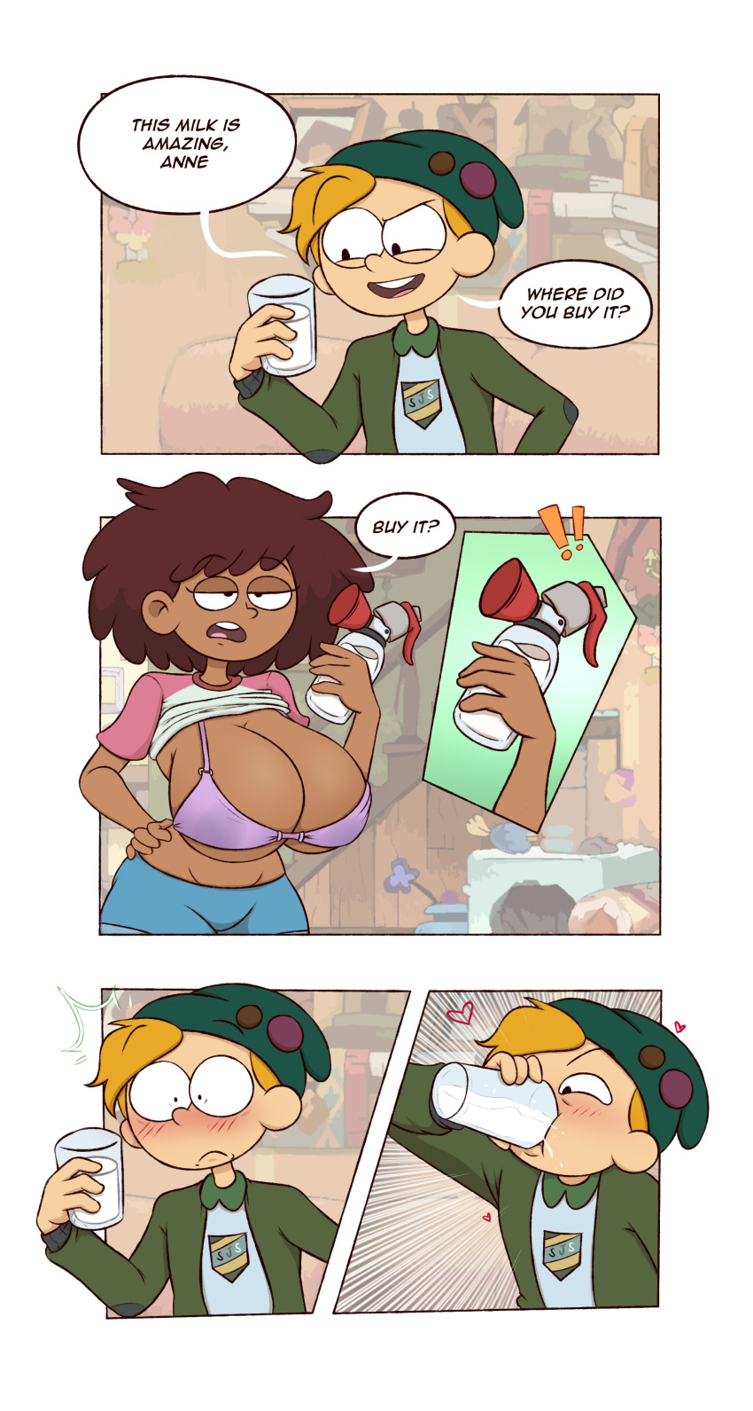 amphibia anne_boonchuy big_breasts blush bra breast_pump casual clothing comic comic_panel dark-skinned_female dark_skin deep_blush disney disney_channel drawsoyeah english_text female funny horny_male human humanized humor lactating lactation lactation_through_clothes lactation_without_expressing light-skinned_male male milking_machine no_sex older_female pale_skin purple_bra slight_blush sprig_plantar straight_hair text twig_(amphibia) younger_male