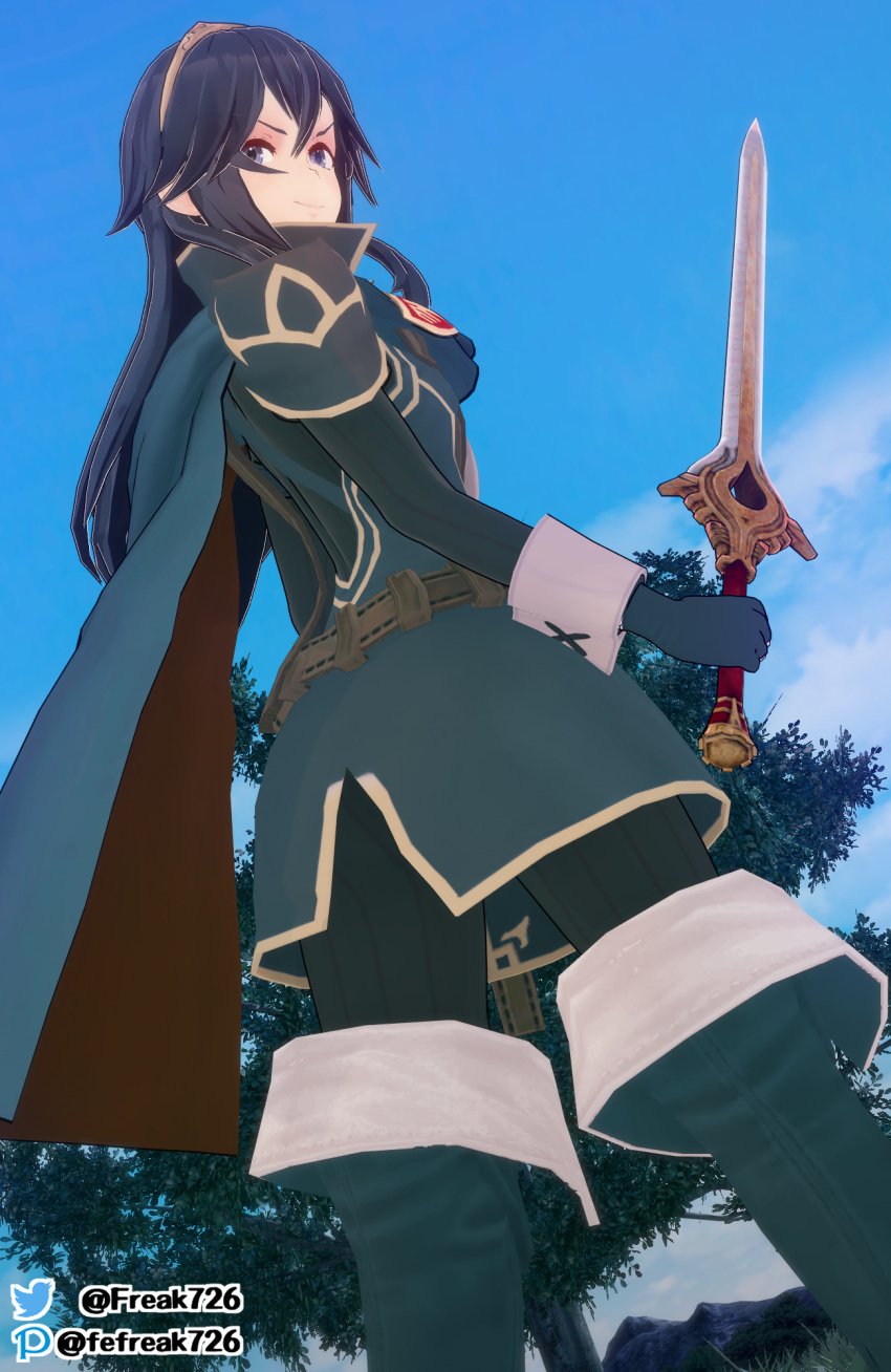 >:) 1girls 3d ass big_ass blue_eyes blue_hair boots breasts cape falchion_(fire_emblem) fefreak726 female female_only fingerless_gloves fire_emblem fire_emblem_awakening from_below gloves hair_between_eyes long_hair looking_at_viewer looking_back looking_down lucina_(fire_emblem) nintendo outdoors pantyhose small_breasts smile smug solo sweater sword symbol-shaped_pupils thigh_boots tiara tree victory weapon