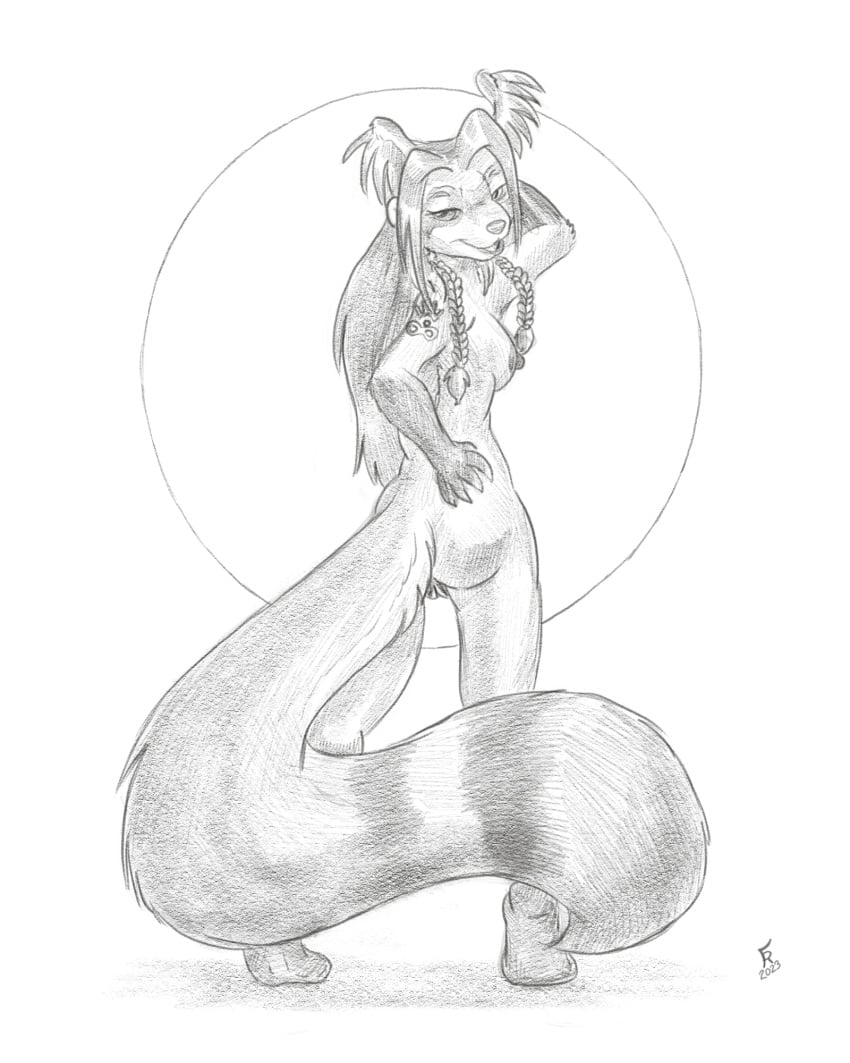 2023 anthro beata_(beatadalhagen) bedroom_eyes breasts female flinters fluffy fluffy_tail genitals greyscale hair head_wings hi_res long_hair long_tail looking_at_viewer looking_back looking_back_at_viewer mammal mink monochrome mustelid musteline narrowed_eyes nipples nude pussy rear_view seductive solo tail true_musteline wings