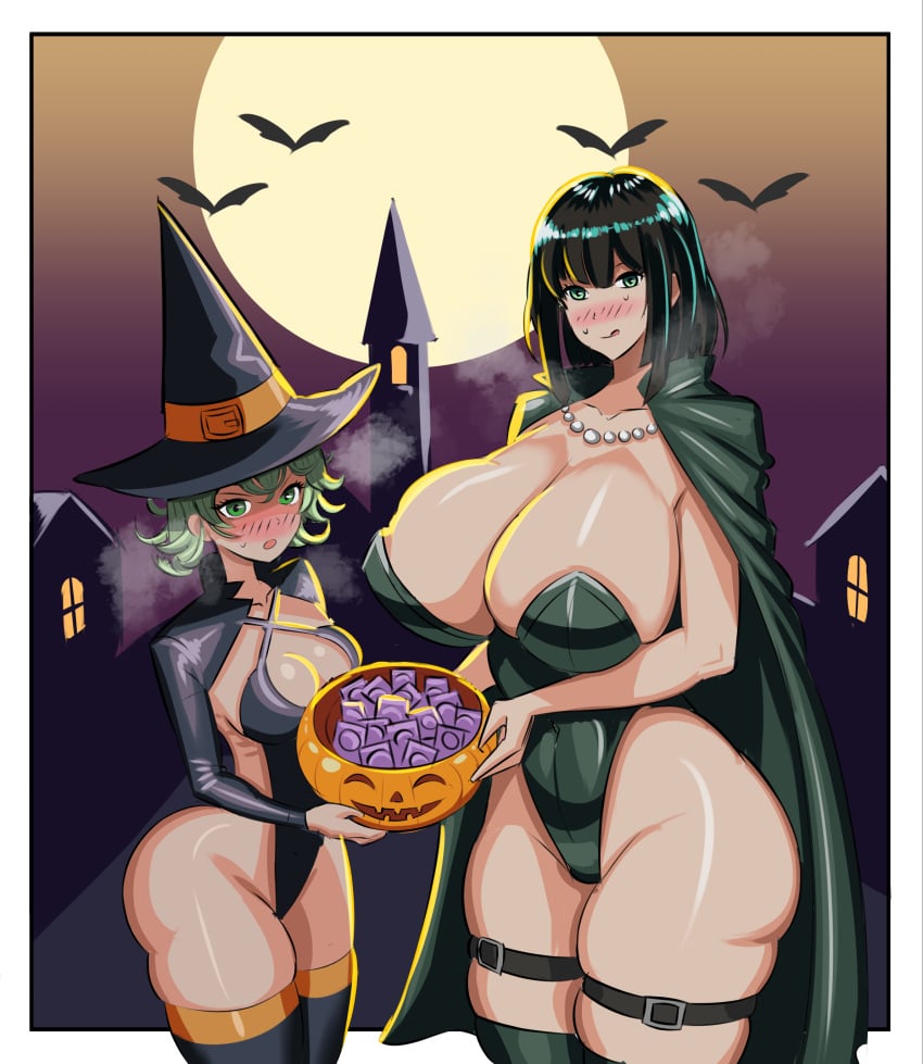 1girls areolae areolae_slip big_breasts black_thighhighs blush breasts cape cleavage condom condom_wrapper dark_green_hair female female_only fubuki_(one-punch_man) green_eyes green_hair green_leotard gustgalestorm halloween halloween_costume hat headwear hips huge_breasts large_breasts legwear leotard neckwear one-punch_man short_hair sisters small_breasts steam steamy steamy_breath tatsumaki thick_thighs thigh_strap thighhighs thighs wide_hips witch witch_hat