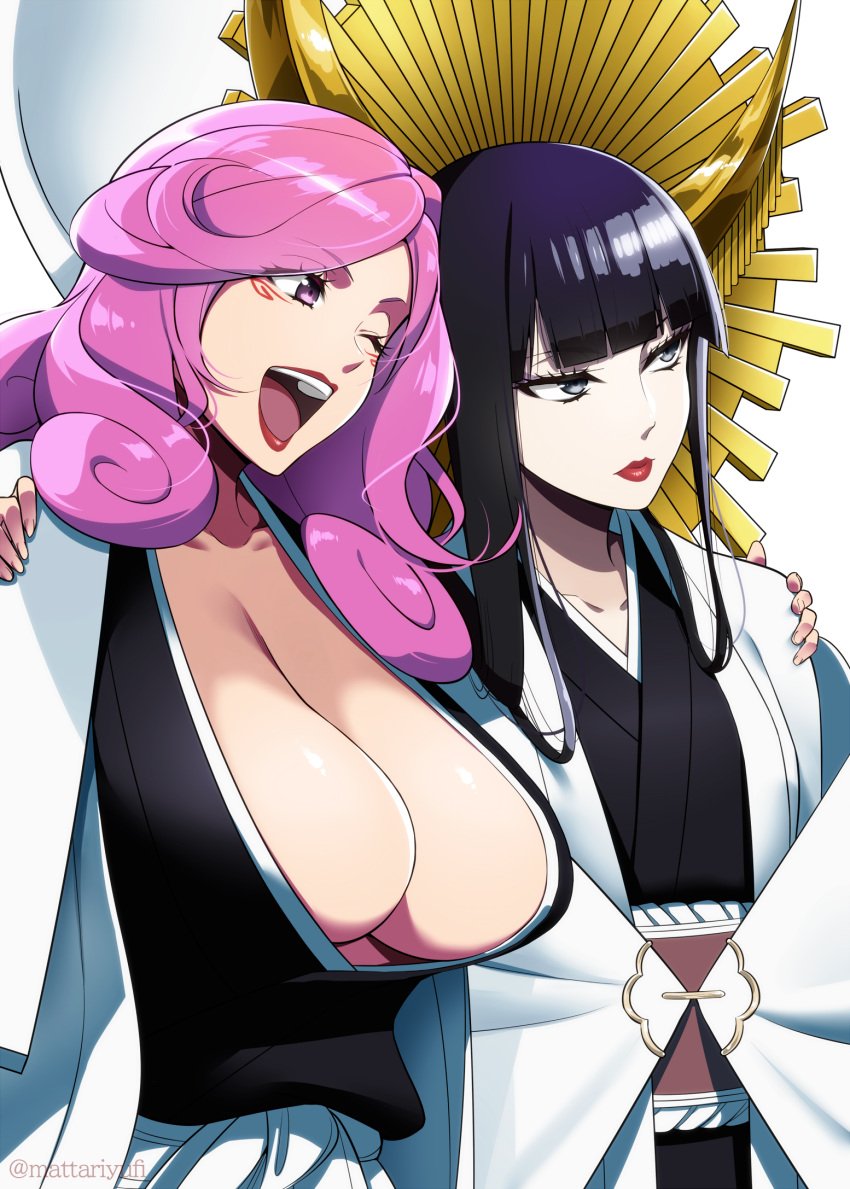 big_breasts big_breasts black_hair bleach bleach:_the_thousand-year_blood_war breasts fully_clothed hair_ornament hikifune_kirio japanese_clothes kimono mattari_yufi pink_eyes pink_hair shihakusho shinigami shutara_senjumaru silver_eyes soul_reaper