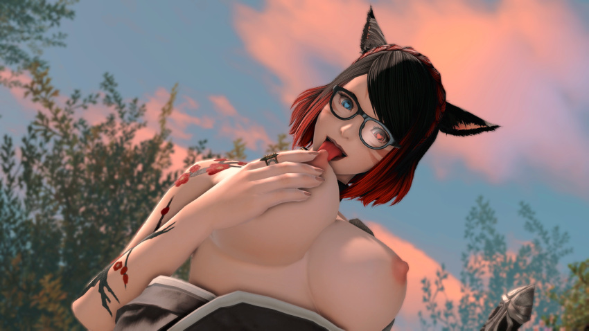 1girls avatar_(ff14) big_breasts black_hair blue_eyes breast_sucking breasts cat_ears catgirl female final_fantasy final_fantasy_xiv glasses heart-shaped_pupils licking_breast licking_nipples licking_own_breast looking_at_viewer megane miqo'te nekomimi nude nude_female original_character red_eyes red_hair self_breast_sucking self_upload shaika_row sucking_nipples sucking_own_breasts tattoo tongue tongue_out warrior_of_light_(ff14) warrior_of_light_(final_fantasy_xiv)