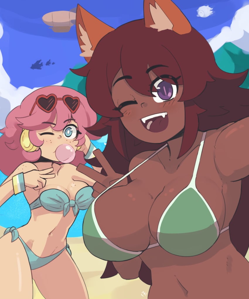 anthro armpits beach bikini blue_eyes bra docecaedrus female happy party_girl_(terraria) pink_hair purple_eyes red_hair sun_hat sunhat swimwear terraria wholesome zoologist_(terraria)