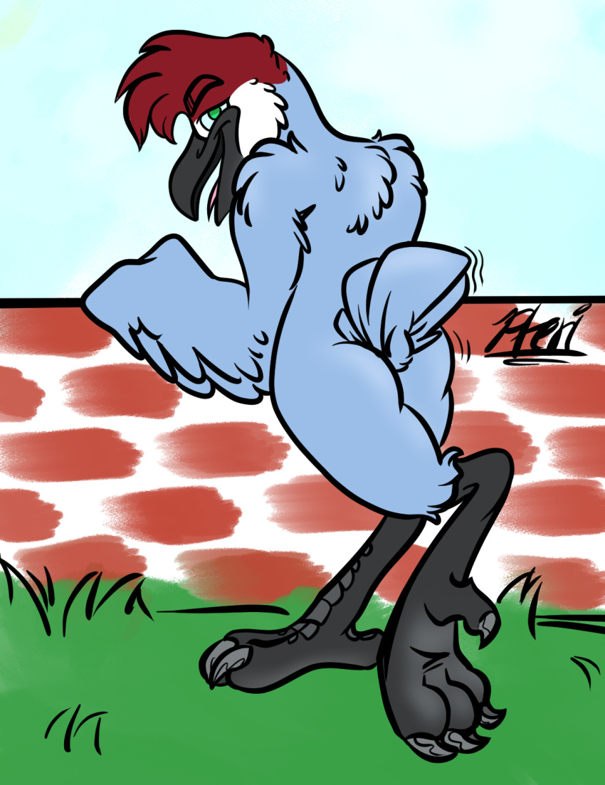 1boy ambiguous_gender anthro antigone_(genus) artist_name ass avian beak bird crane_(bird) feathers feet gruiform half-closed_eyes hi_res male male_only narrowed_eyes no_visible_genitalia nude_male open_mouth pteri_(artist) pteri_(pteri) sandhill_crane shaking_butt simple_background simple_coloring soles solo tail_feathers talons tongue tongue_out